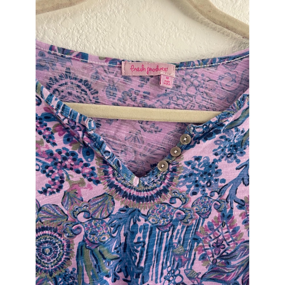 Fresh Produce‎ Pink Blue Floral Print Top Women's Medium Made in USA Boho Artsy - Picture 9 of 9